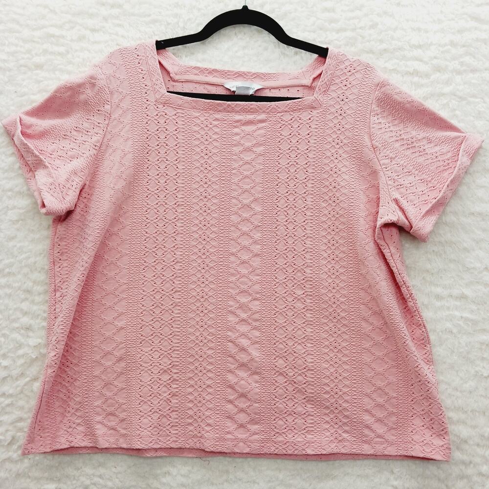 T-Shirt Women Eyelet Pink Square Neck Balletcore Coquette Minimalist Size XL
